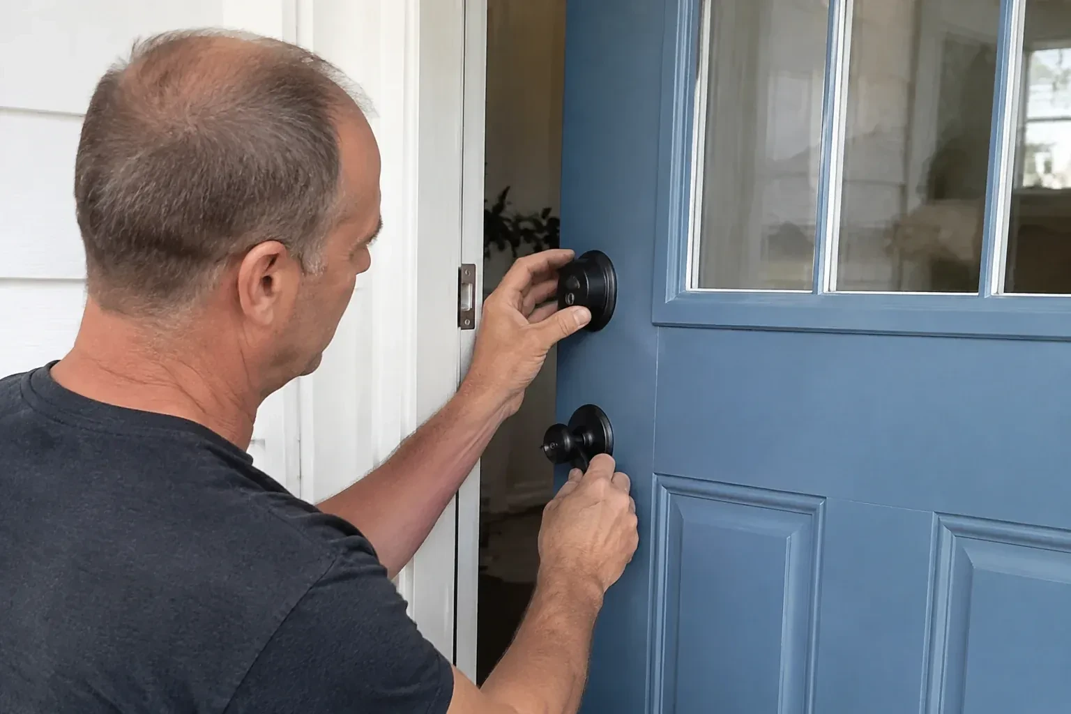 Person holding the black deadbolt and doorknob of a partly open blue front door. — Deadbolt Installation, Vaughan