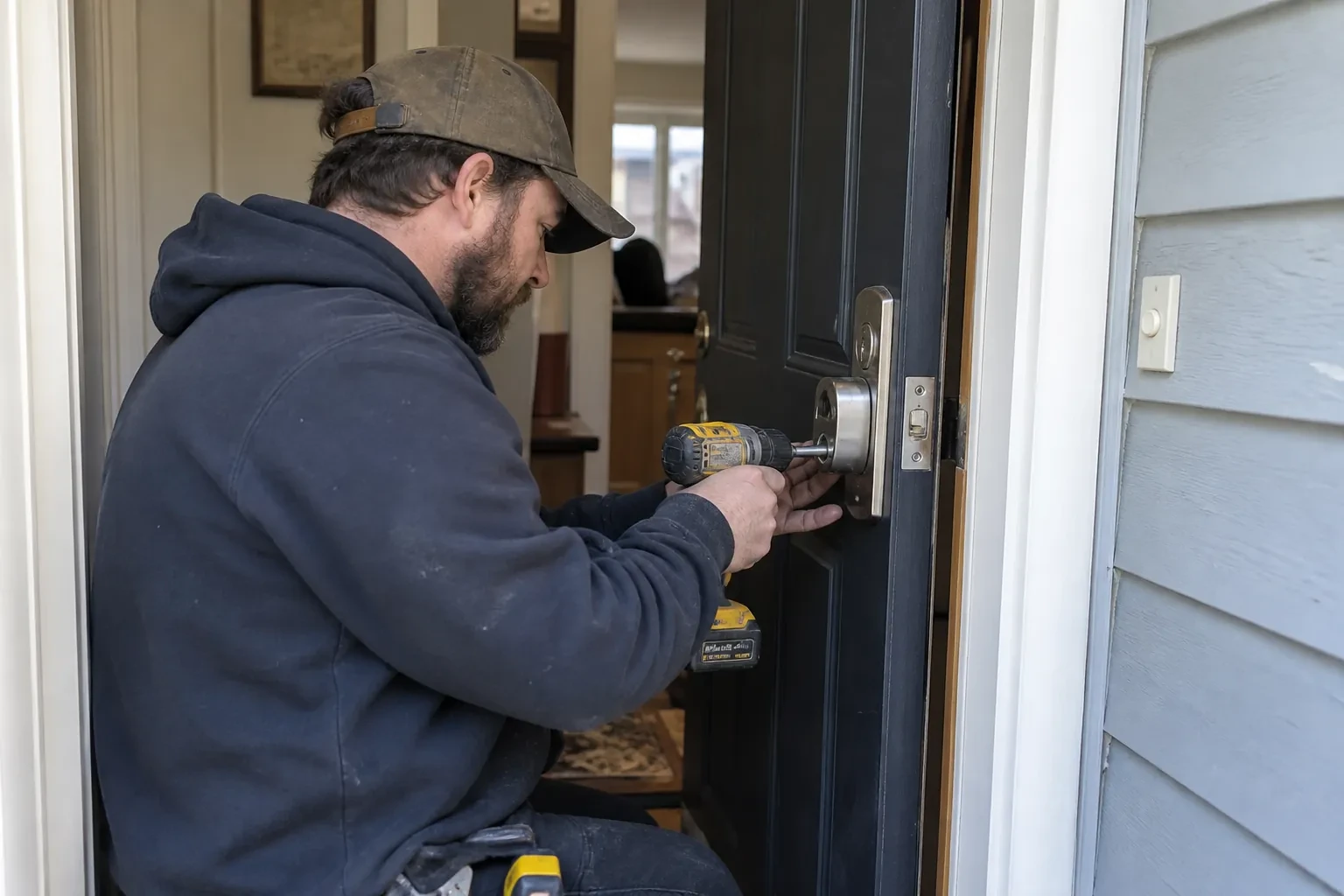 Technician in a brown cap using a yellow cordless drill at the lockset plate of a navy door beside gray-blue siding.