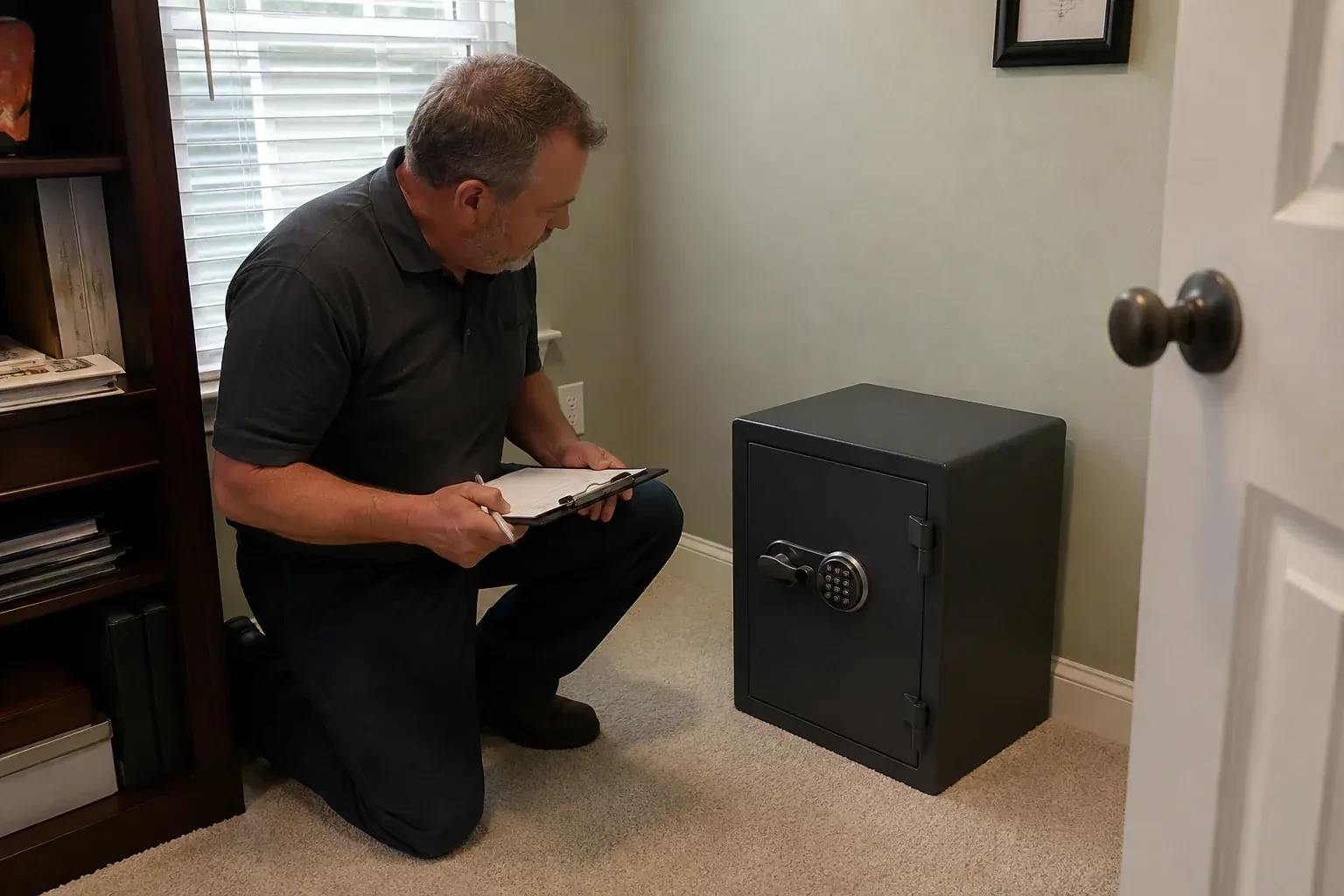 Person holding a clipboard beside a closed black safe with a circular keypad in a carpeted room. — Safe Installation & Servicing, Vaughan
