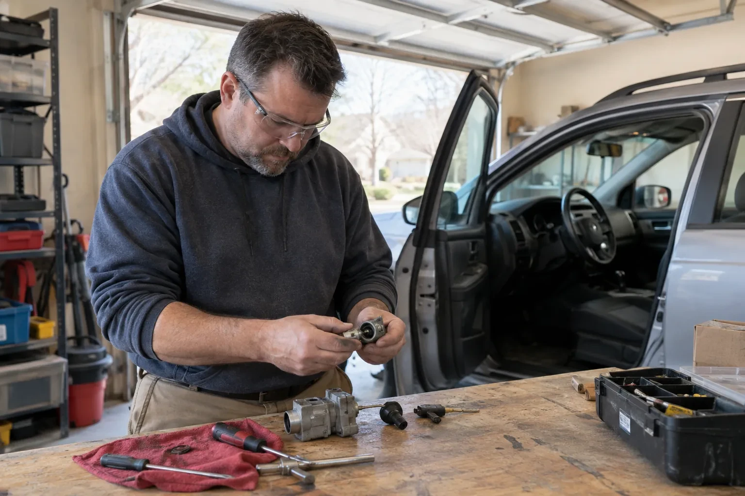 Person in safety glasses holding a small metal lock cylinder beside a workbench with a red cloth and an open car door.