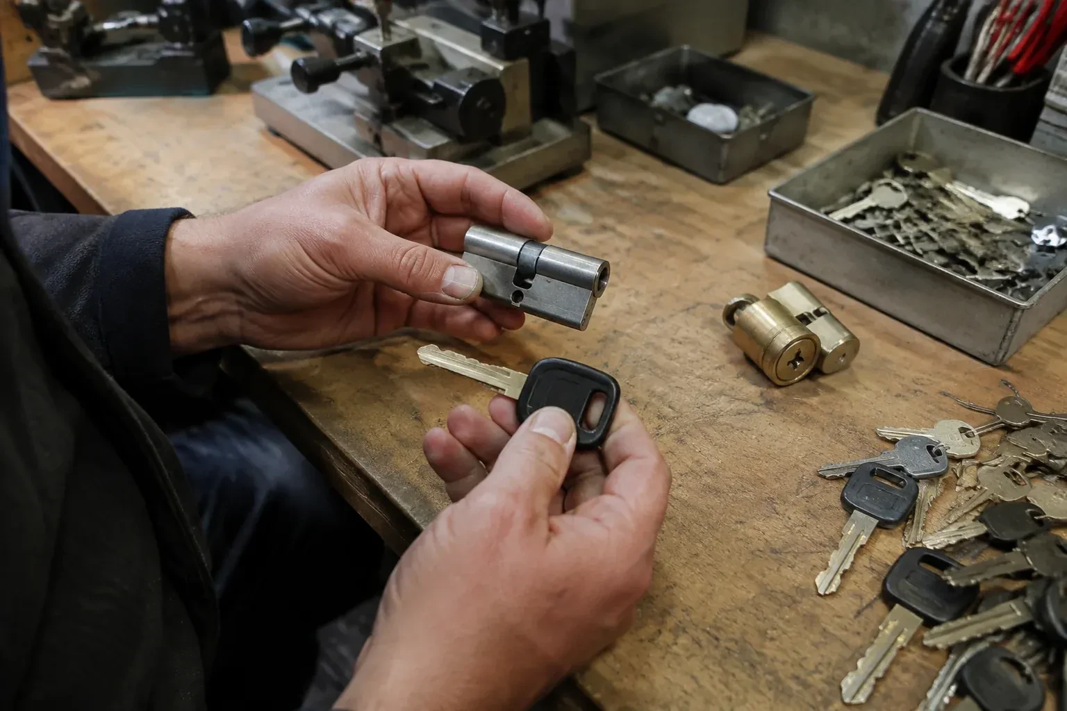 Hands holding a silver-colored lock cylinder and a black-headed key above a workbench with loose keys and another cylinder. — Spare Car Key Duplication, Vaughan