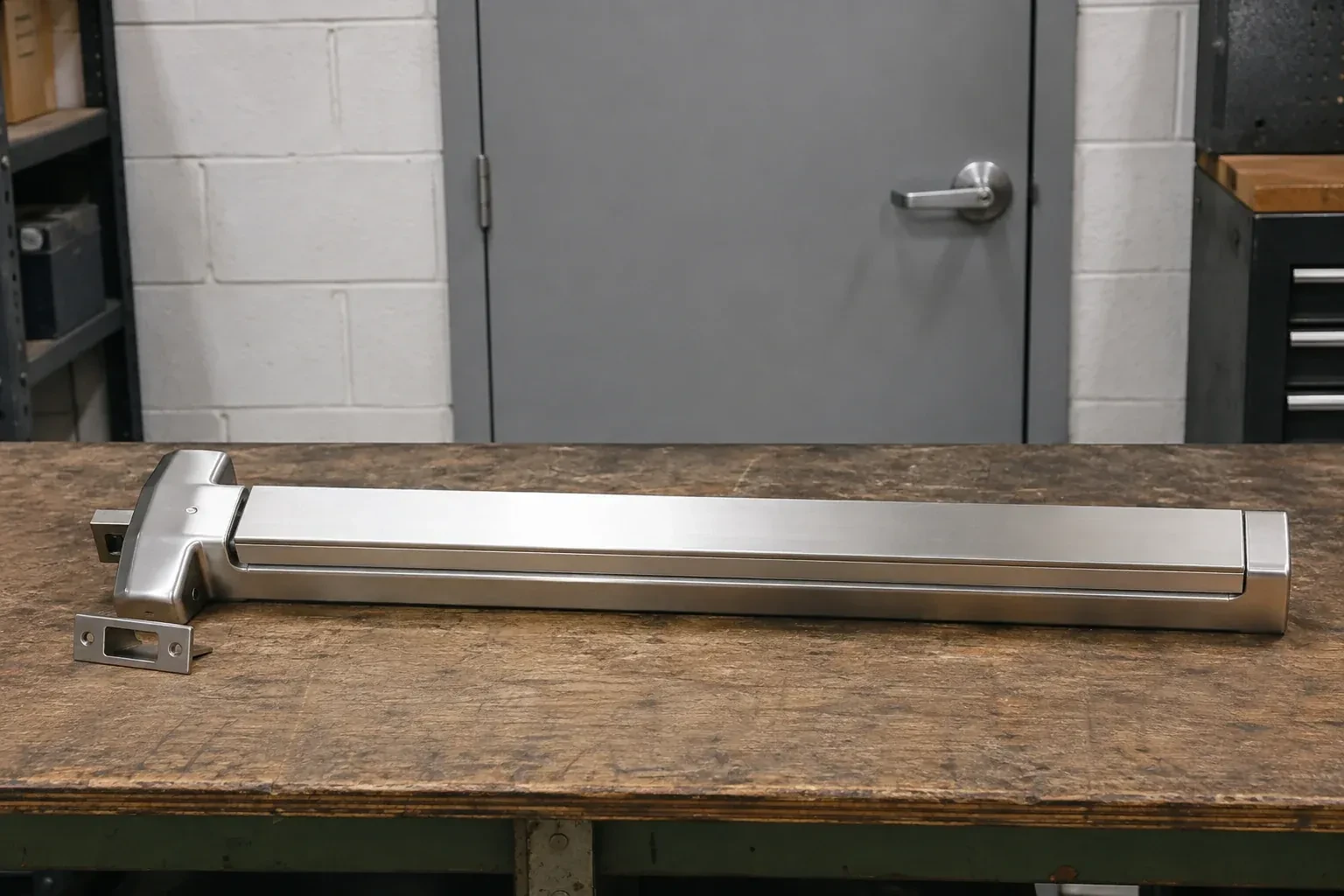 Detached horizontal exit device and separate strike component on a workshop bench. — Panic & Exit Hardware, Maple