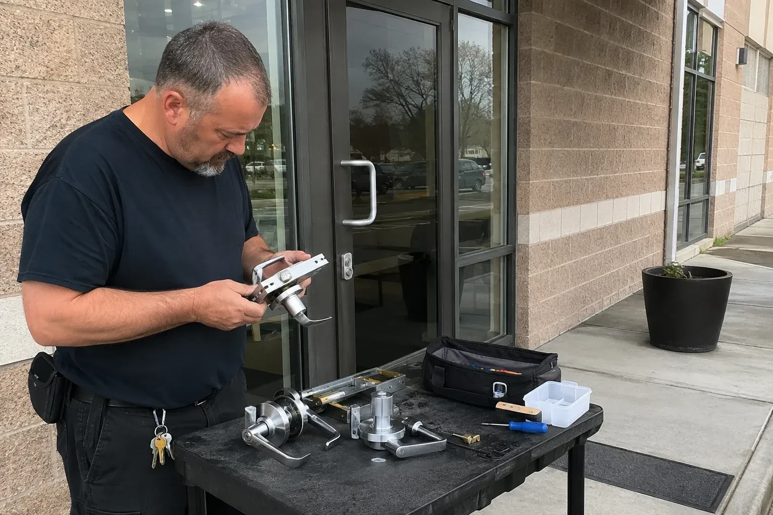Person holding a door-handle and latch assembly at a worktable outside a glass entrance, with additional handles and tools laid out. — Commercial Rekeying, Vaughan