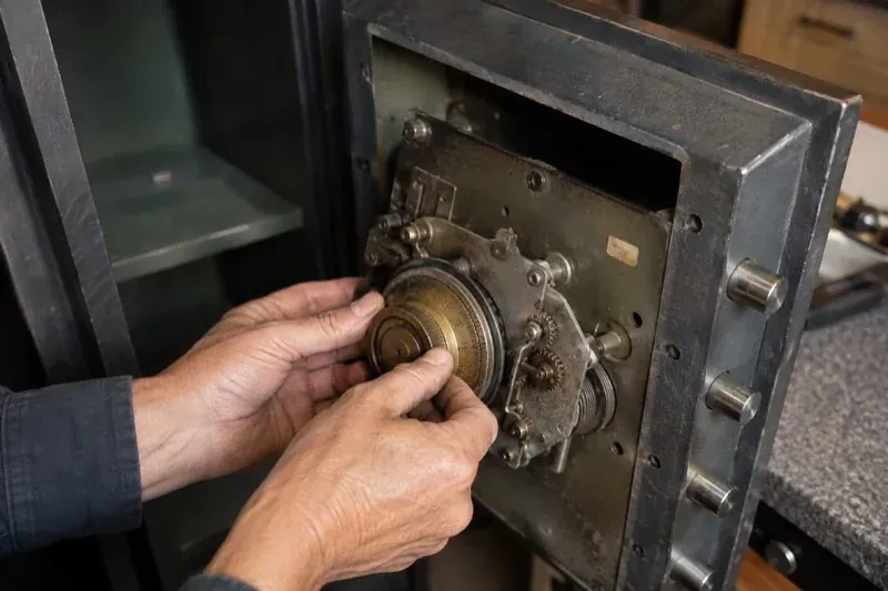 Hands holding a round metal component against the exposed mechanism inside an open safe door. — Safe Opening & Combination Change, Vaughan